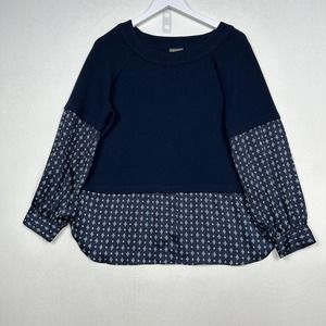 Vince Camuto Women's Size L Mixed Media Boat Neck Long Sleeve Blouse Top Navy